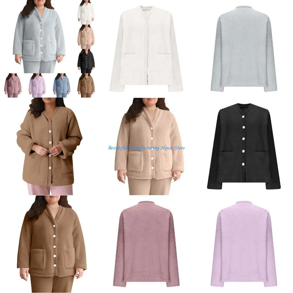 

E56A Women's Fleece Pajama Top Long Sleeve Warm Button Down Plush with Pockets