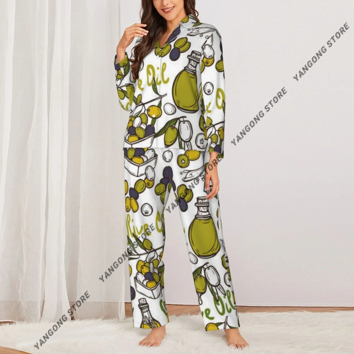 Women's Pajamas Girl Loungewear Two-piece Set Hand Drawn Olive Oil Lettering Bottles Fruit Branches Pajamas for Autumn Spring