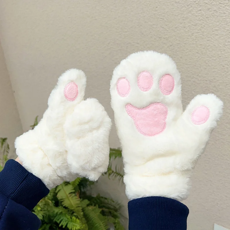 Soft Plush Winter Thick Warm Gloves Women Girls Korean Japanese Cute Cat Paw Glove Rabbit Fur Full Finger Casual Riding Mittens