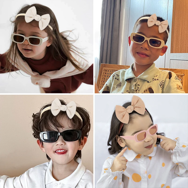 2Pcs/Set New Girls Vintage Frosted Rectangle Sunglasses Outdoor Summer Solid Color Bowknot Hairband Kids Lovely Hair Accessories