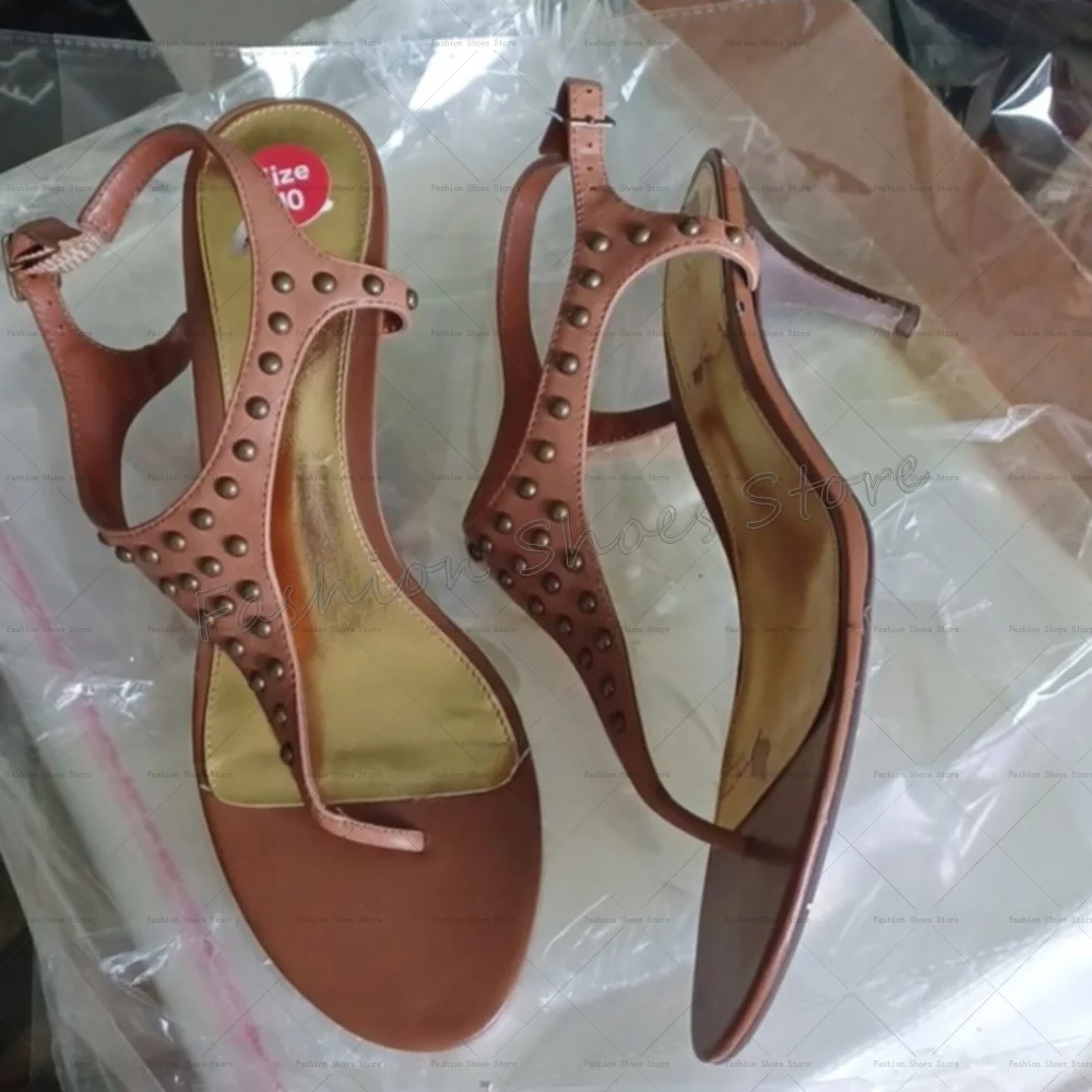 

Brown Toe Clip Round Rivets Sandals Round Toe Women Shoes Stilettos High Heels Party Banquet Dating 2025 Zapatos Para Mujere