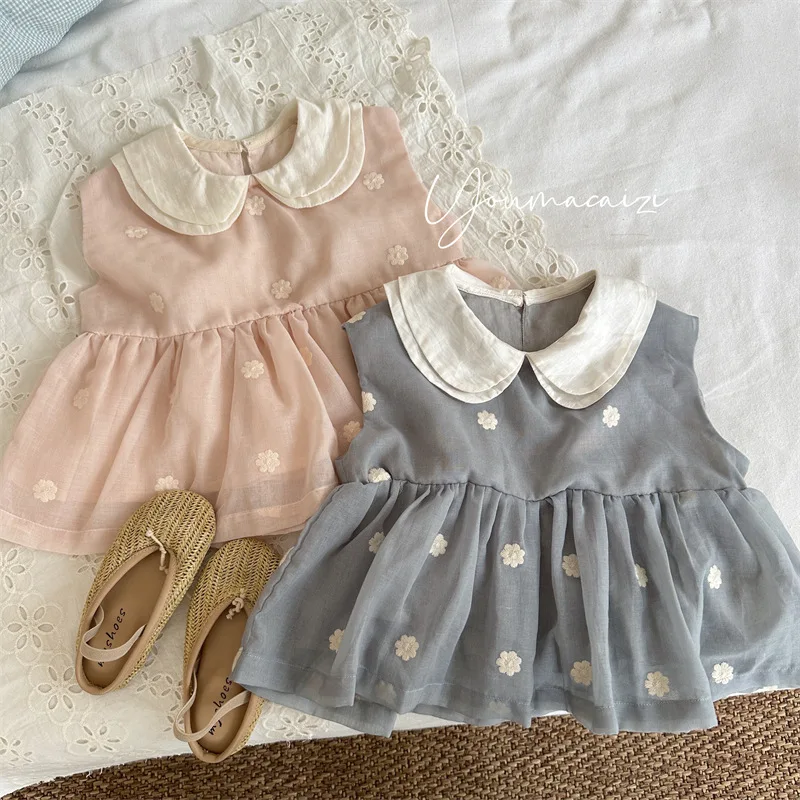 2026 Summer New Product Sweet Korean Embroidered Doll Shirt for Children Baby Flip Collar Lotus Leaf Edge Sleeveless Top