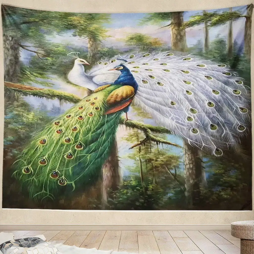 Green forest bird tapestry hanging peacock  white  couple  decoration bedroom living room wall art