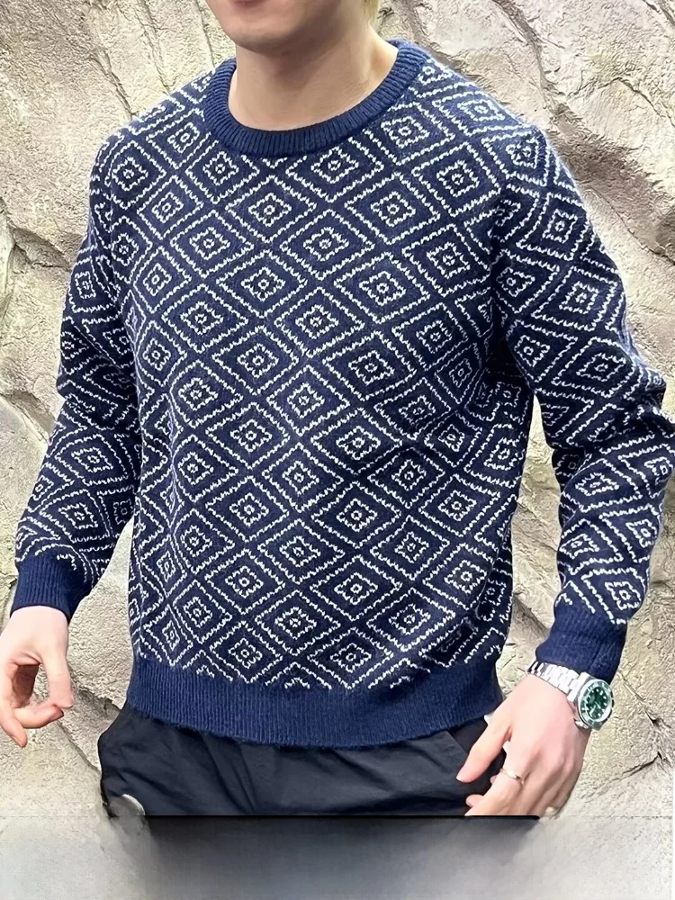 

Цветной вязаный свитер, мужской модный круглый пуловер Ne, теплый повседневный свитер с геометрическим узором, из смеси шерсти из полиэстера, длинный S...