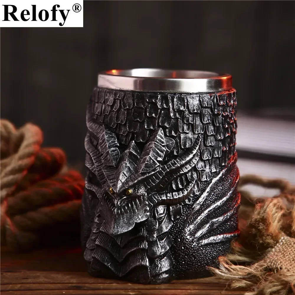 Medieval Dragon Resin Stainless Steel Beer Mug Retro Tankard Skull Coffee Cup Tea Mug Tumbler Bar Decor Drop Shipping，450/600ml