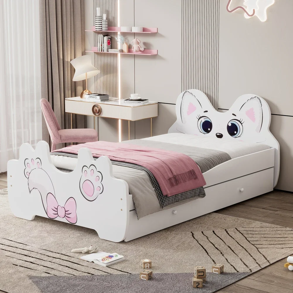 5-in-1 Cartoon Twin Size Platform Bed,White,Bed for Girls From 6To12 Years Princesses Bunk Beds for Kids Bed for Girls Furniture