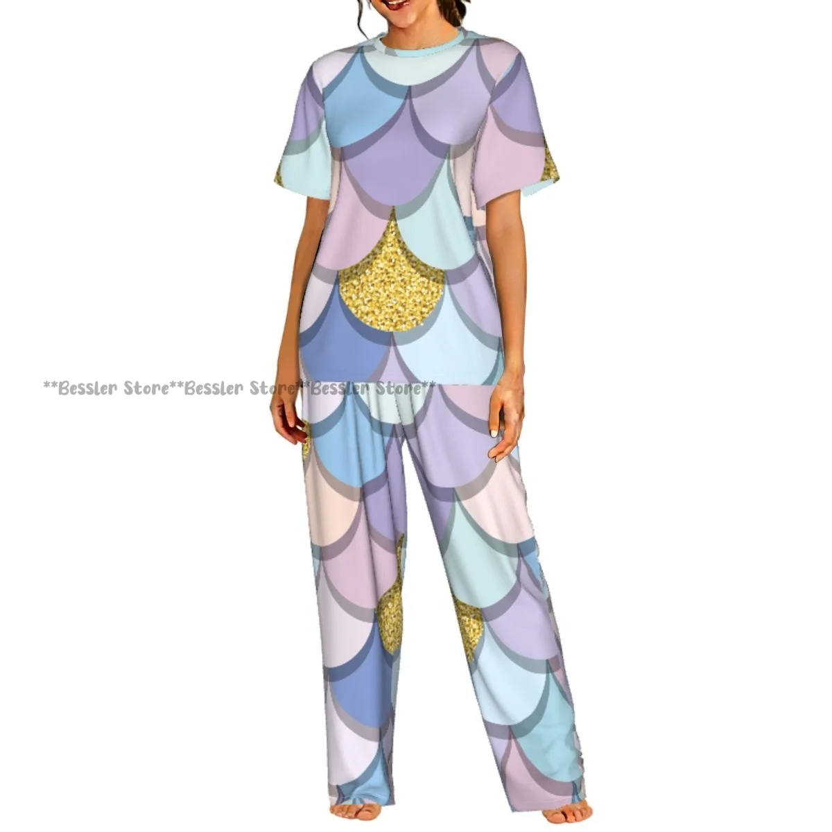 

Женский комфортный пижамный комплект с коротким рукавом и принтом «рыбья чешуя» в пастельных тонах