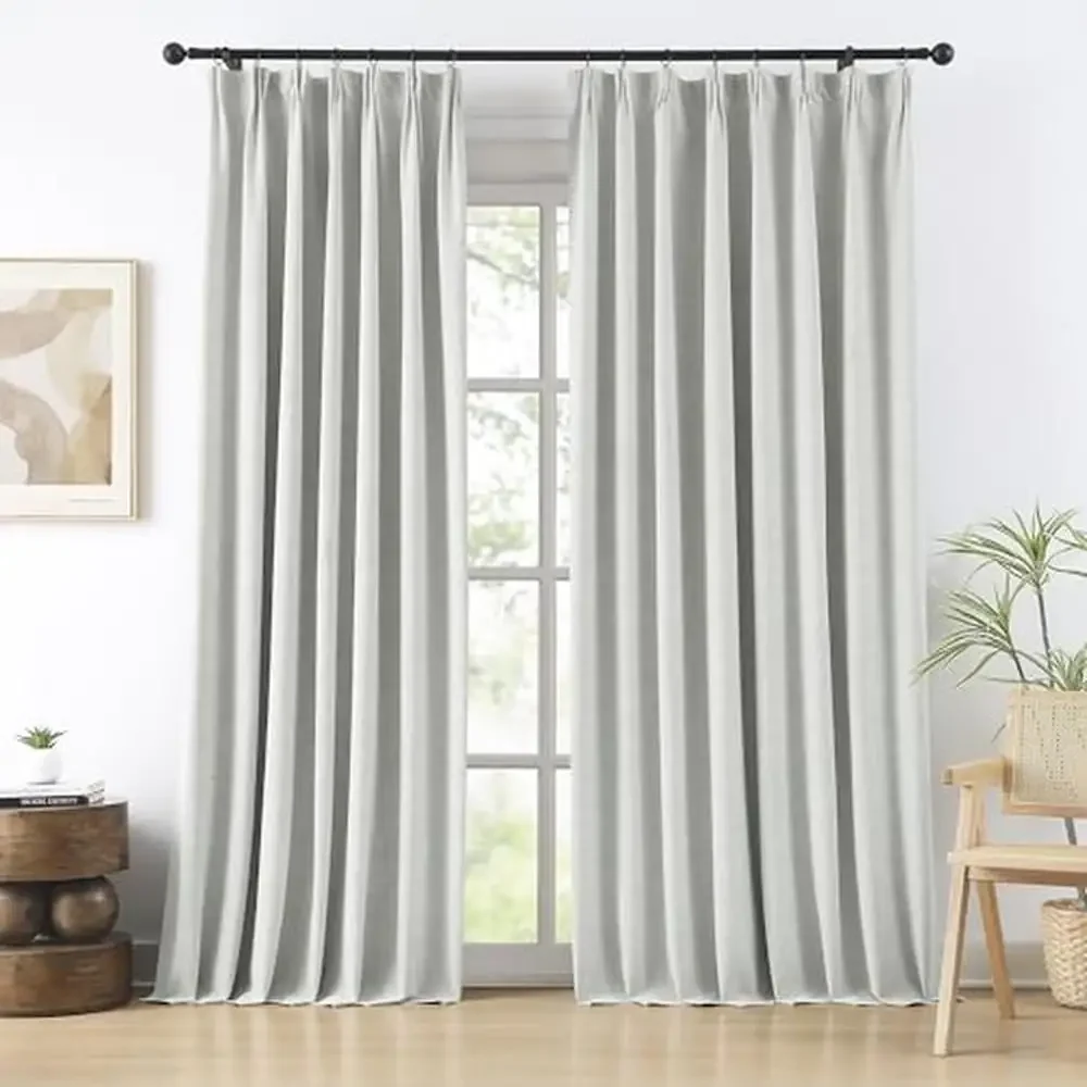 Extra Wide Linen Blackout Curtains 102 Inches Long Back Tab Pleated Drapes with Hooks Track System 2 Panels Room Darkening