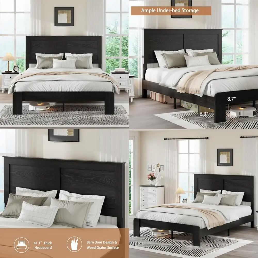 

Rustic Industrial Style Queen Size Wood Bed Frame with Headboard, Platform Design, Sturdy Slat Support, No Box Spring Needed