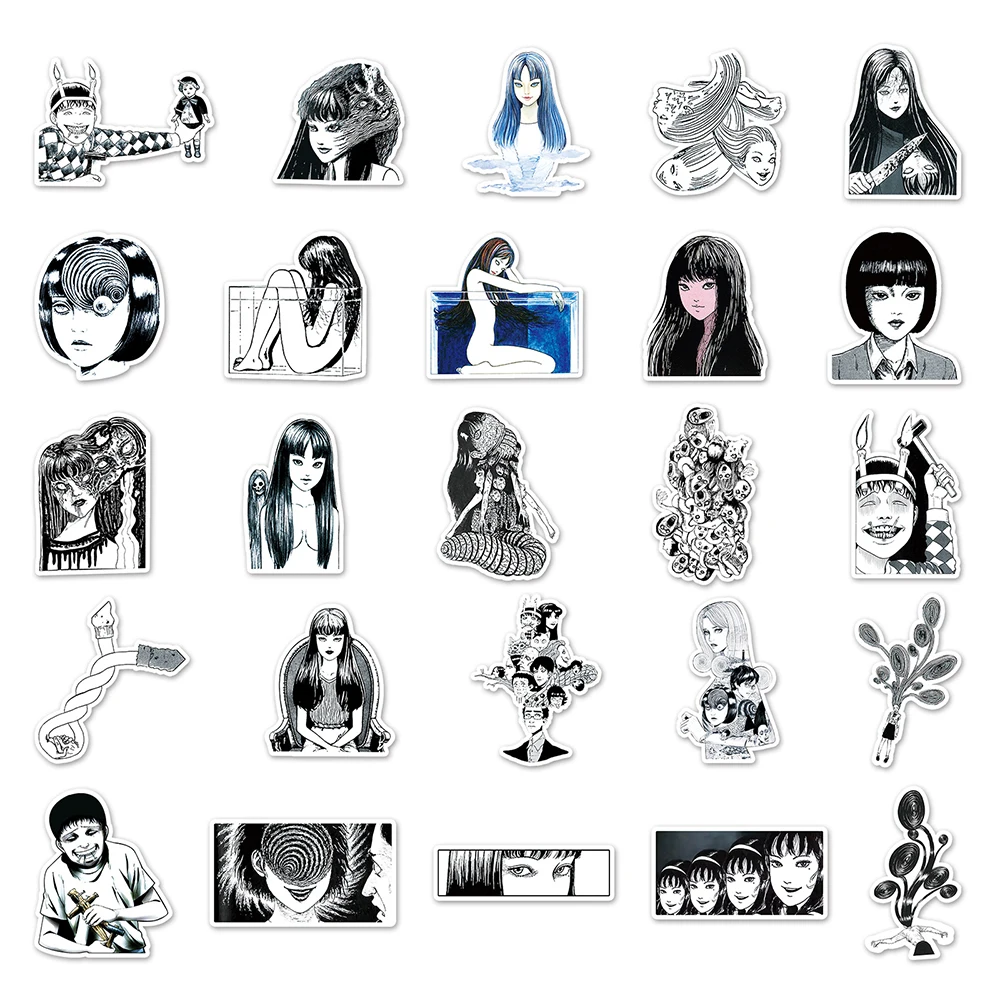10/30/50 قطعة ملصقات أنمي مرعبة تومي كاواكامي، ملصقات كرتونية باللونين الأسود والأبيض، ملصقات مانغا جونجي إتو الرائعة لتزيين الحقائب ولوح التزلج