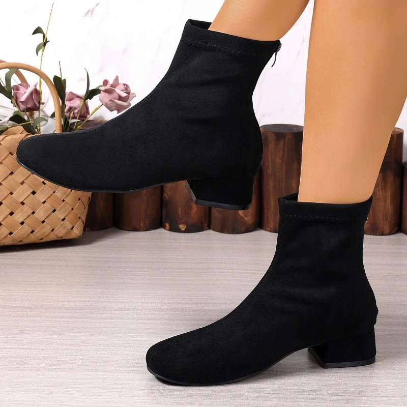 2026 New Mid Heels Women Suede Ankle Boots Winter Fashion Chunky Shoes for Woman Elegant Shoes Snow Chelsea Short Boots De Mujer