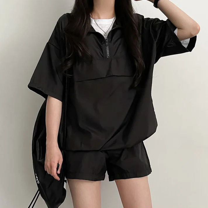 Hoodie Sleepwear Estilo Coreano Mulheres Pijama Shorts Conjuntos Pijama Loungewear Verão Two Piece Set Zipper Night Wear Home Suit