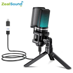 Zealsound-RGB USB 게임용 콘덴서 마이크, 팝 필터 및 헤드폰 출력, PC PS4 PS5 Mac, 노트북/컴퓨터 용 마이크