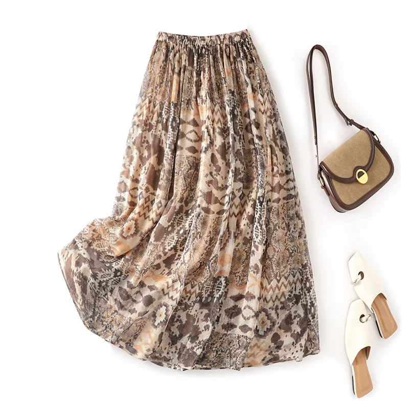 Winsleter-100%Silk Elegant Skirts, Elastic Waist Printed, Women Retro Bohemia Temperament A-line Skirt, 2026 Spring New B61207CC