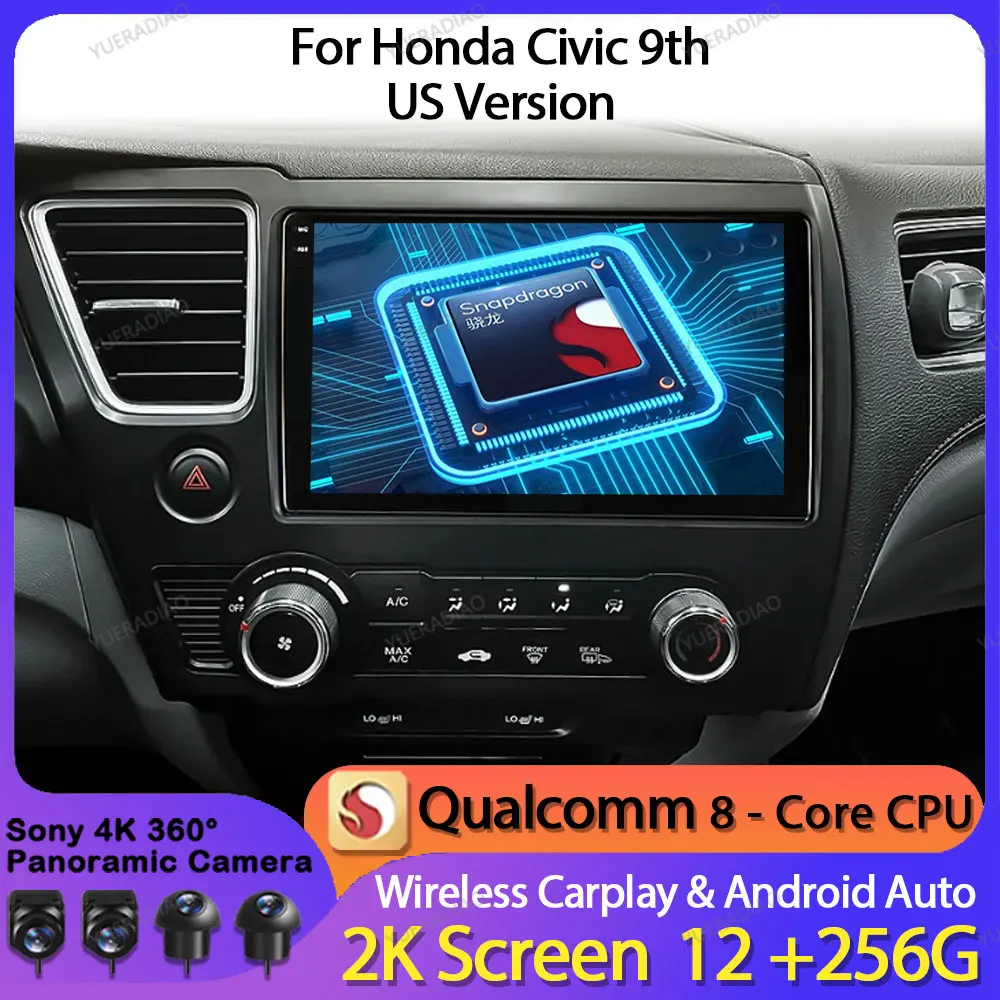 Android 14 Wireless Carplay Auto Car Radio For Honda Civic 9 9th US Sender Coupe Multimedia Video Player Head Unit 4G WIFI GPS