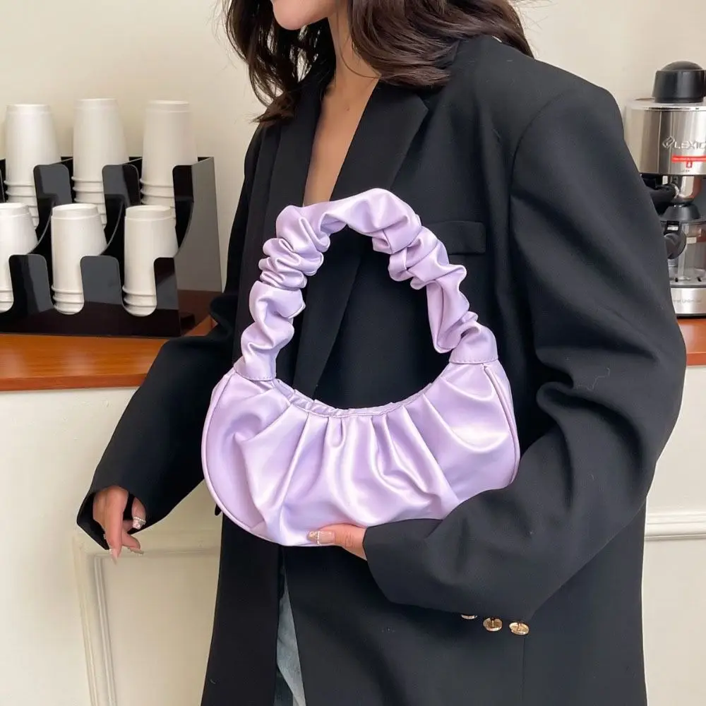 Fashion Korean Style Pleated Handbag Phone Bag Crescent Moon Cloud Bag Dumpling Bag Square PU Leather Underarm Bag Girl