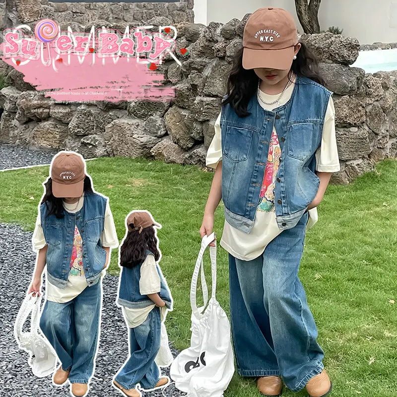 vetement fille teenager girls clothes sets denim vest+t-shirt+Wide leg jeans 3pcs junior kids Denim suit school children outfits