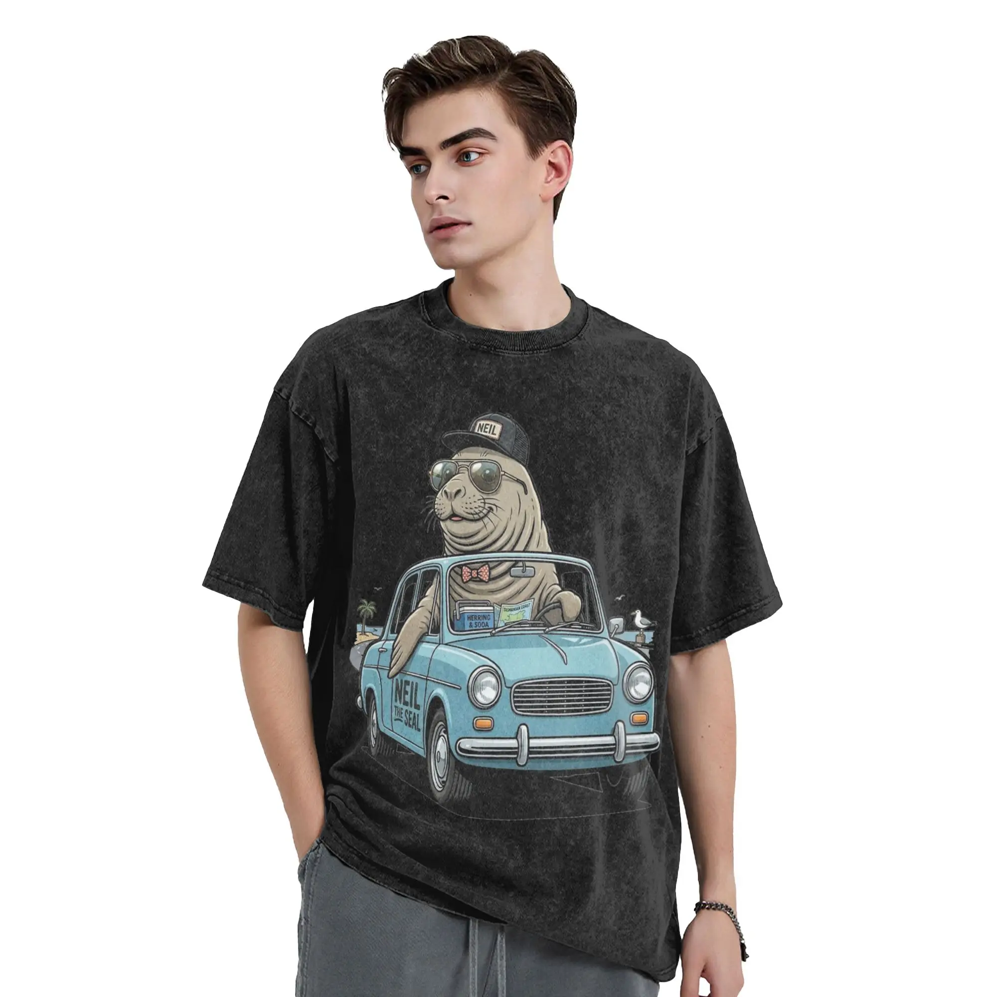 Washed T Shirt Cool Neil The Seal Driving Vintage Car Hip Hop T-Shirt Harajuku Streetwear Printed Tops Tees Men Women