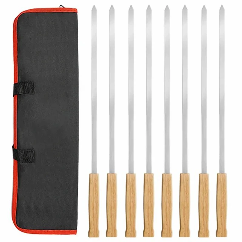 

E2 8Pcs BBQ Kabob Skewers with Wood Handle Portable 17 Inch Barbecue Utensils Cooking Tools Stick Kabab Kebab Grill Assesories