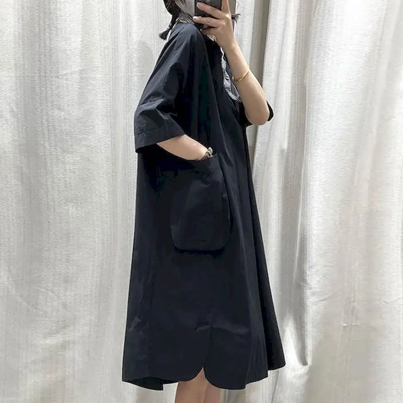 French Vintage Style Dress Women Fashion Design Loose Oversized Dresses Casual Slim A-line Short Sleeve Dress 2024 Summer Trend