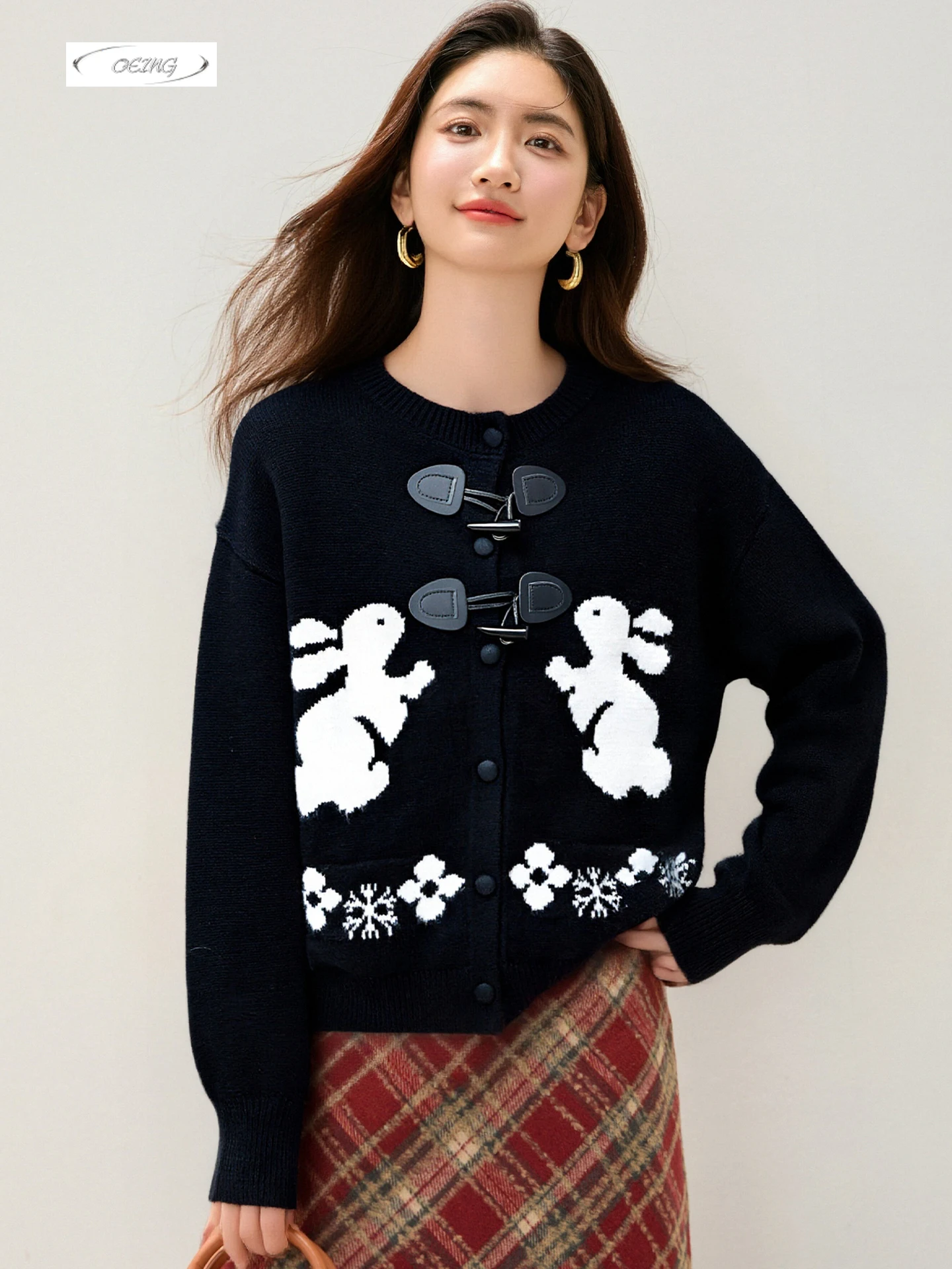 

Женский милый свитер с кроликом, вязаный кардиган, осень-зима, элегантный корейский стиль, однобортный черный трикотаж с длинными рукавами 9760