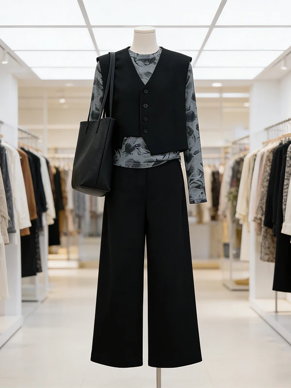 

Large Size Women's Spring Splashed Ink Base Shirt Asymmetrical Wide Leg Pants Three Piece Set Casual Korean Style Commute