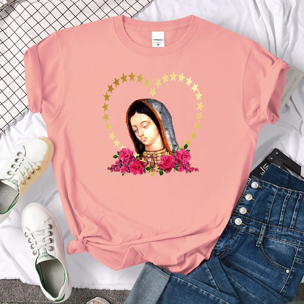 Women Virgin Mary Of Guadalupe Printed T Shirt Cartoon Harajuku Female Short Sleeve Top Tee O-Neck Casual Tshirt Woman T-shirt