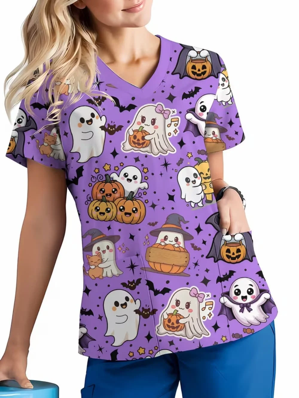 uniforme-cirurgico-feminino-tema-de-halloween-estampa-de-abobora-para-enfermeiras-dentarias-design-moderno-decote-em-v-manga-curta-com-bolsos-uniforme-clinico-feminino