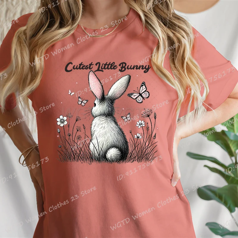 

Easter Day Cutest Little Bunny Print T-shirts For Women Summer Short Sleeve Round Neck Loose T-Shirts Creative Personalized Tops