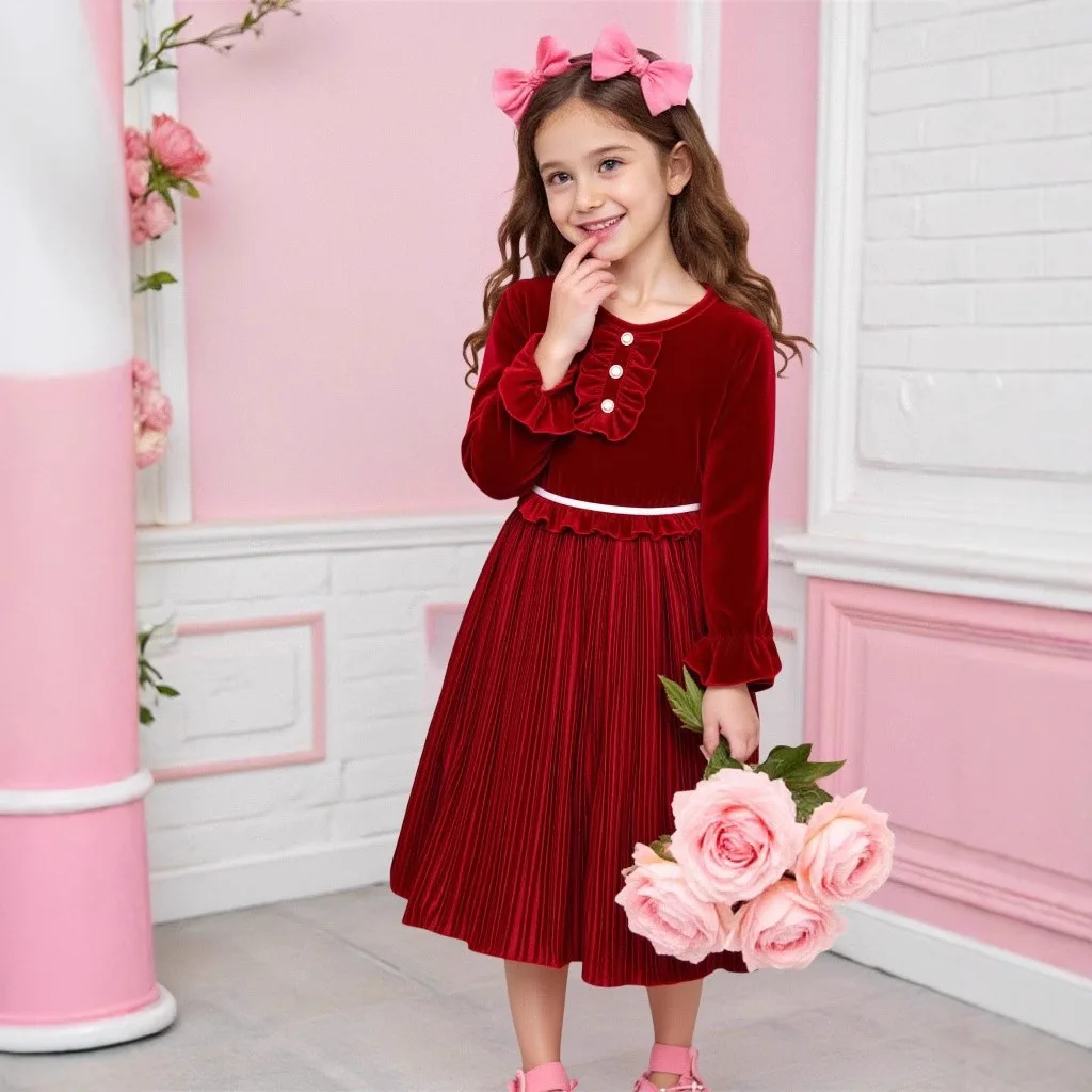 

New children's princess dress 2025 autumn and winter new girls long-sleeved pleated skirt long-sleeved dresses 130-160cm