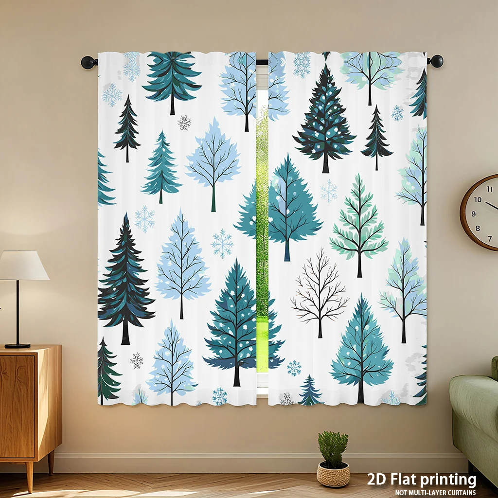 2-piece set of high-definition digital printed curtainsWatercolor Blue Green Pine Tree PatternHome decoration style