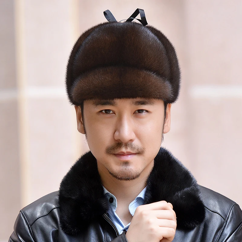 

Natural Mink Fur Hat For Men Winter Fashion Lei Feng Hat Duck Tongue Hat Thickened Real Mink Fur Bomber Hat Black/Brown Caps