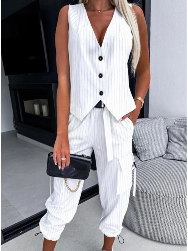 

Spring Summer New Women's White Striped Sleeveless Vest Suit Leisure Cropped Pants Set Office Lady Fashion Two Piece Sets