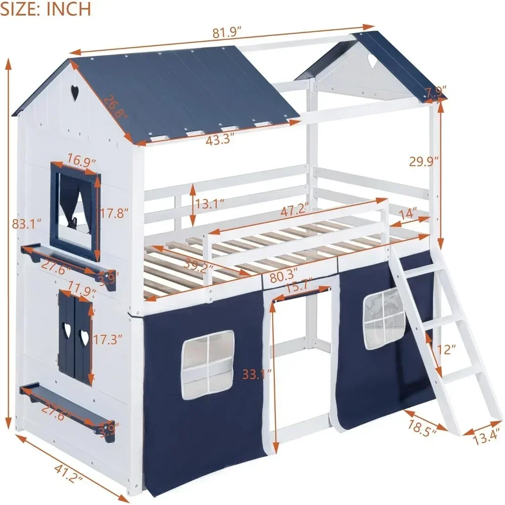 Casa beliche de loft duplo com barraca, cama de loft dupla para crianças com escadas, janelas de guarda-corpo e telhado de madeira dupla sobre madeira compensada cama de criança