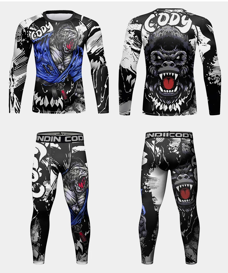 Men MMA Boxing Muay Thai Compression Set Tracksuit Running Rashguard Training Fitness Sportswear Workout Gym Clothing Sport Suit