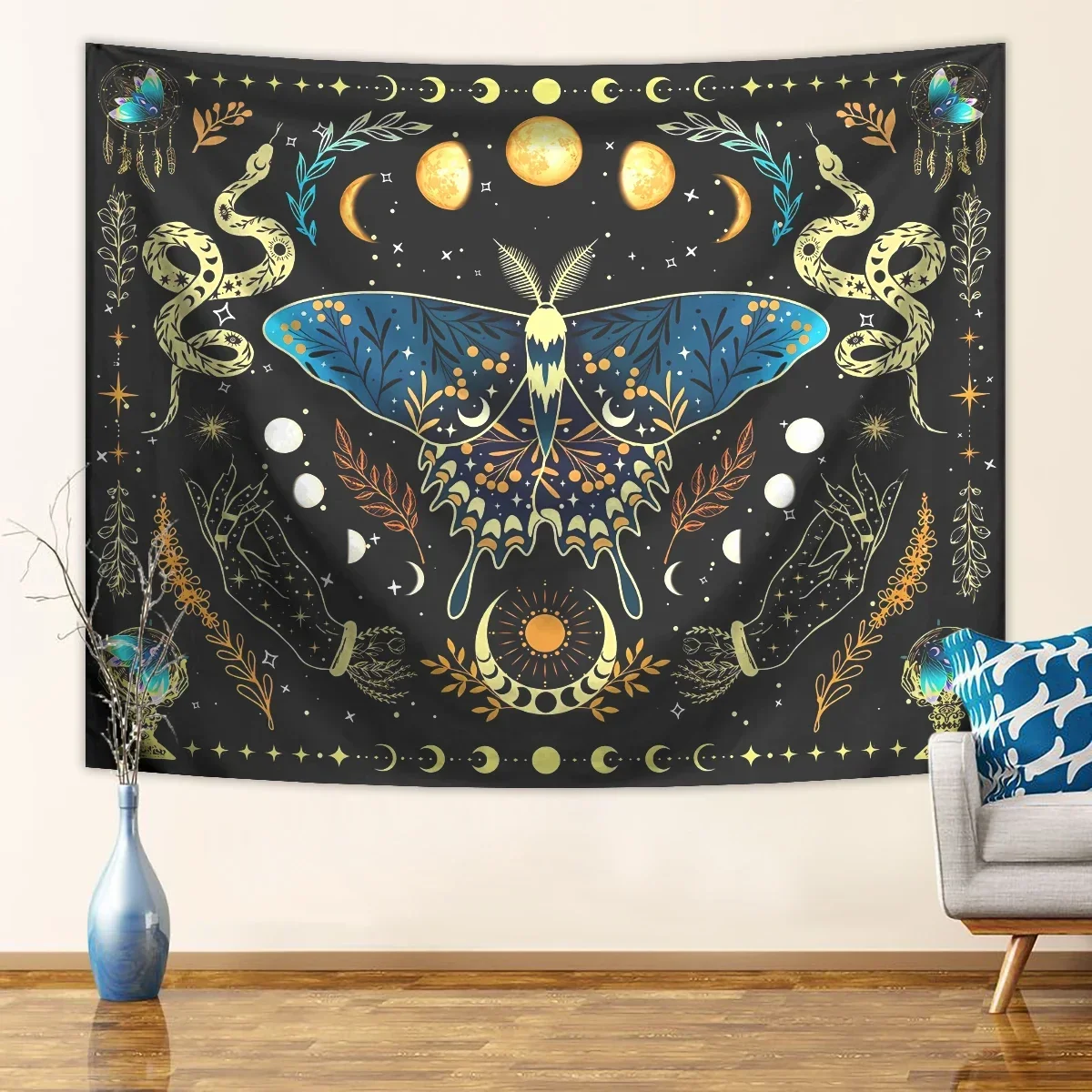 1pc Butterfly moon tapestry, Bohemian plant tapestry, aesthetic moth snake tapestry, retro plant starry sky tapestry