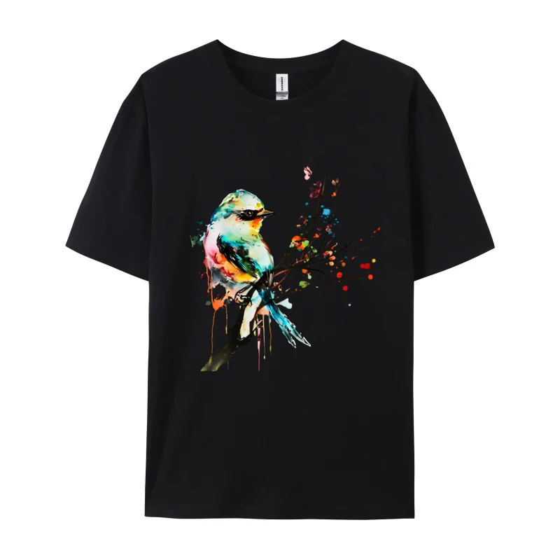 Watercolor Artwork Colorful Bird Painting On Branch-With Splatters T-shirts Casual Cotton Tshirts Funky O-Neck T Shirt