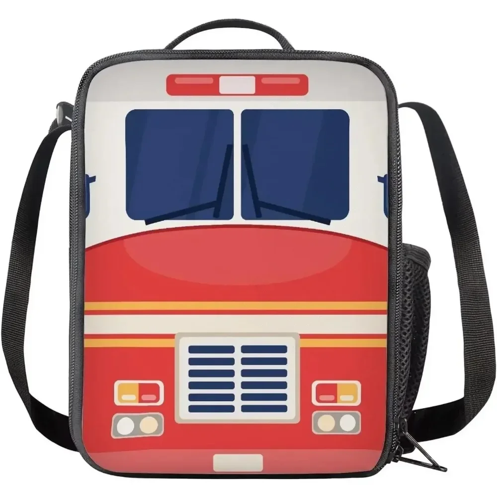 Cute Cartoon Car Fire Truck Insulated Lunch Bag for Kids Boys Girls Reusable Large Capacity Lunch Box Cooler Bag for Outdoors