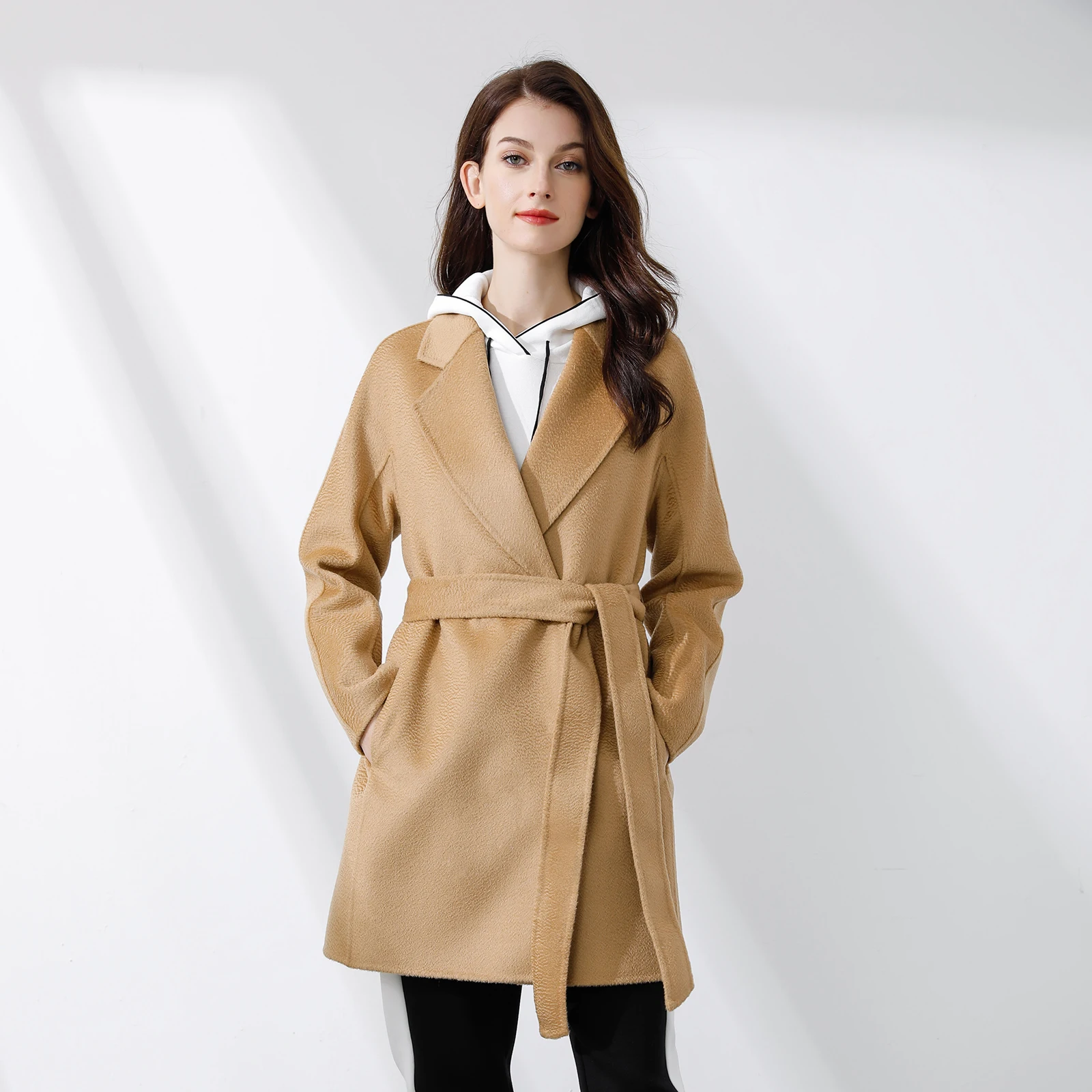 

Double-Faced Woolen Coat Over-Ah Size oulder-Sve Design Water-Wave Pattern Pure-Merino Wool Commute Sle Women's Outerwear