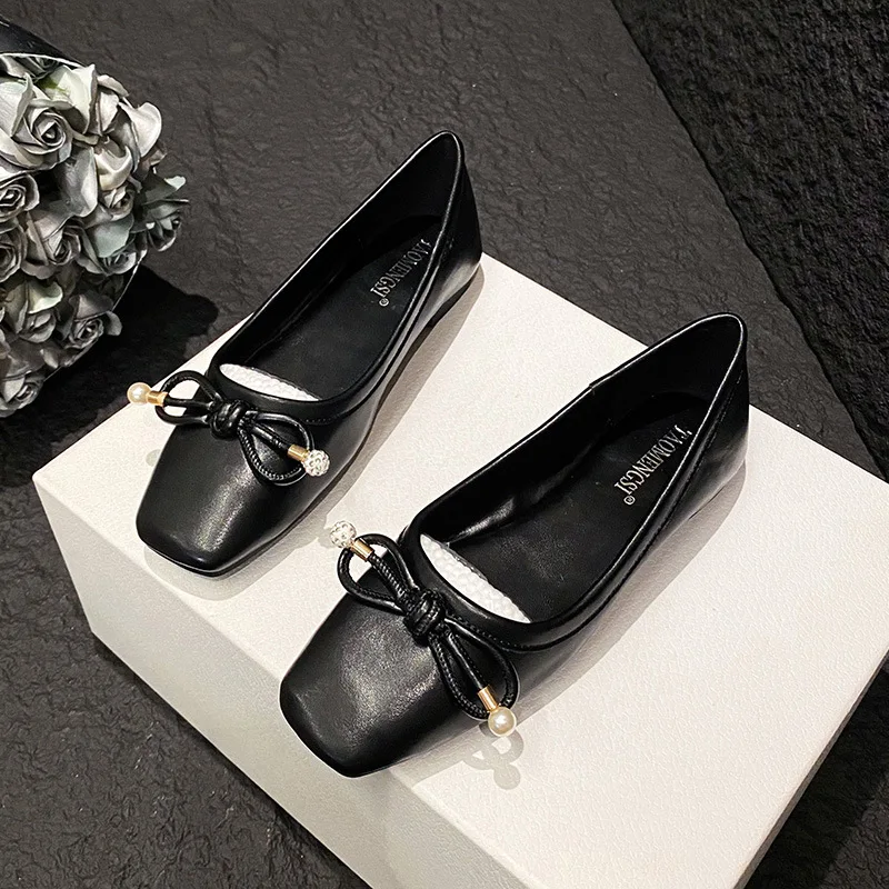 Plus Size 35-44 Women Flats Low Heel Pumps Office Lady Leahter Shoes Crystal Diamond Decorative Buckle Slip on Female Shoes