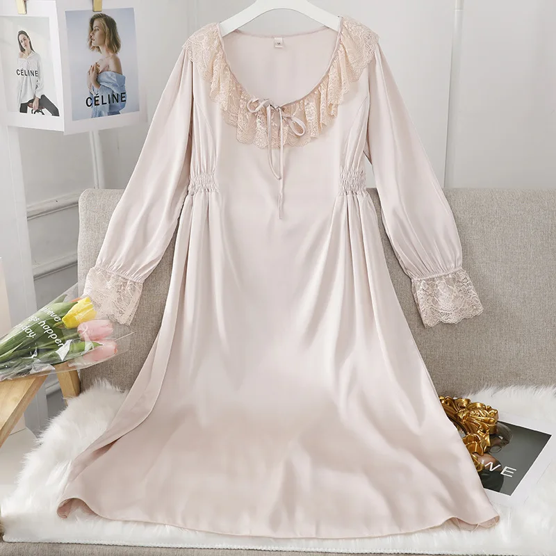 Elegant Purple Nightdress Vintage Lace Collar Sleepwear Rayon Nightgown Femme Satin Homedress Long Sleeve Lingerie Nightwear