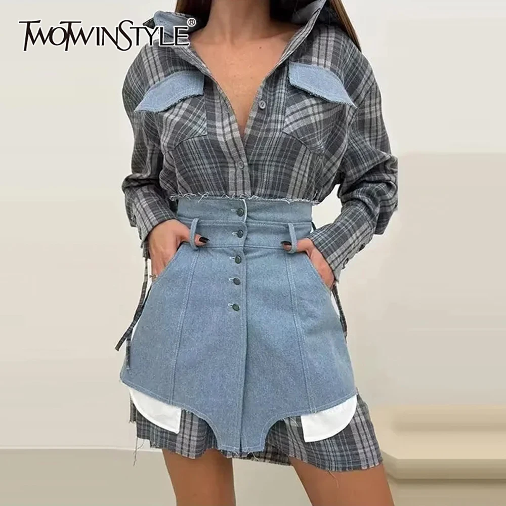 

TWOTWINSTYLE клетчатый комплект из двух предметов для женщин, кардиган с длинными рукавами и лацканами, высокая талия, нерегулярная мини-юбка, модный женский костюм, новый