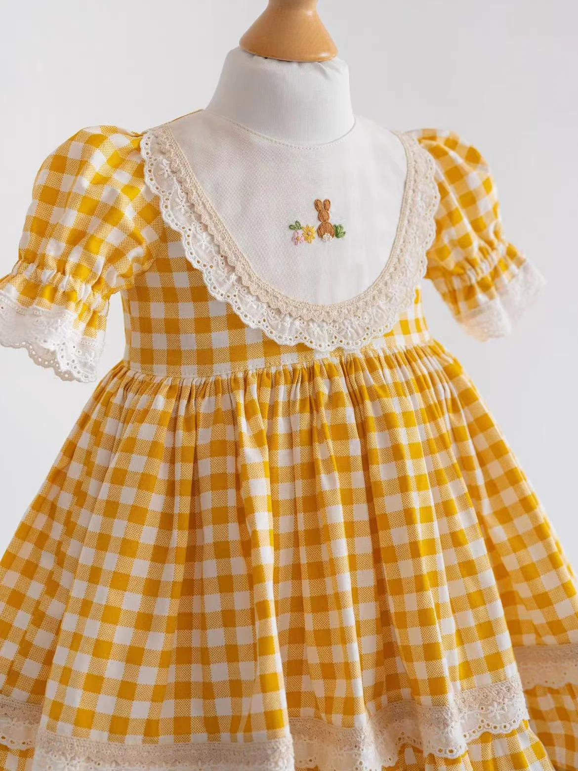 Girl Summer Yellow Plaid Rabbit Handmade Embroidery Turkish Vintage Lolita Princess Ball Gown Dress for Birthday Holiday Eid