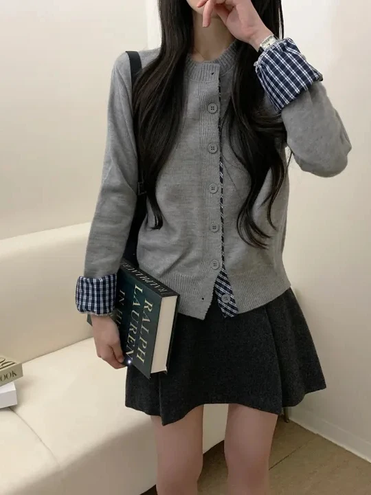 Kardigan damski w kratę lub dzianinowy sweter w stylu koreańskim, luźny krój, jesienno-zimowy, imitacja dwuczęściowego kompletu.