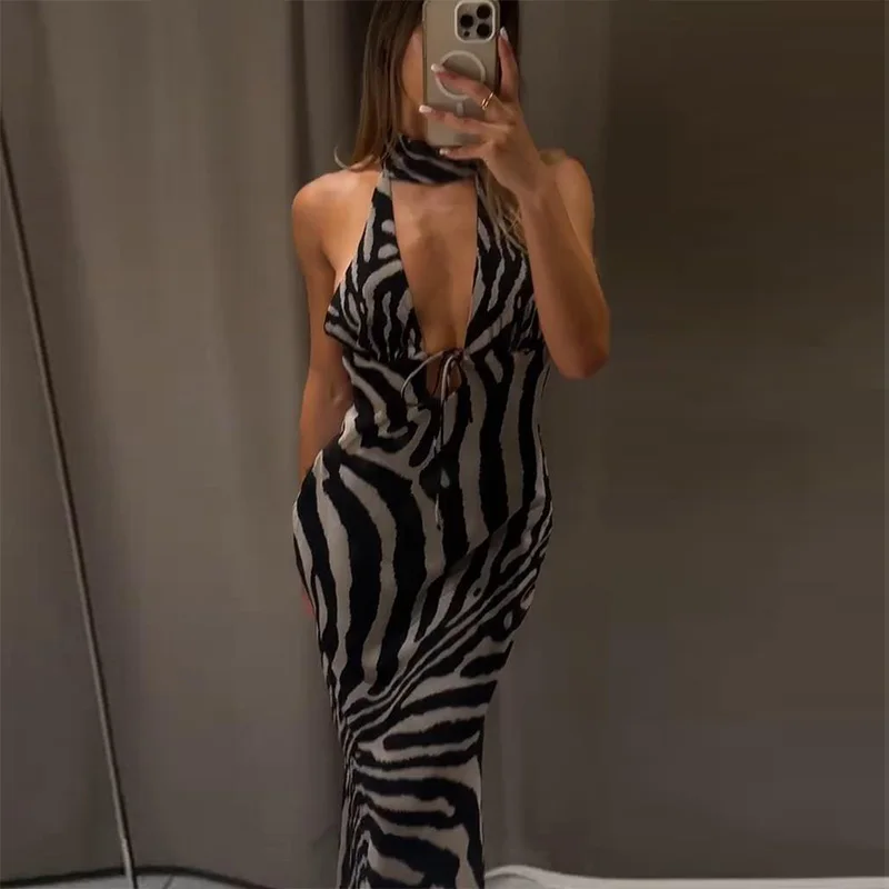 Zebra-Bedrucktes Neckholder-Maxikleid für Damen, Sexy, Ärmellos, Rückenfrei, Tailliert, Hüftbetont, Schlankes Abendkleid, Elegante Damenroben – Detail 10