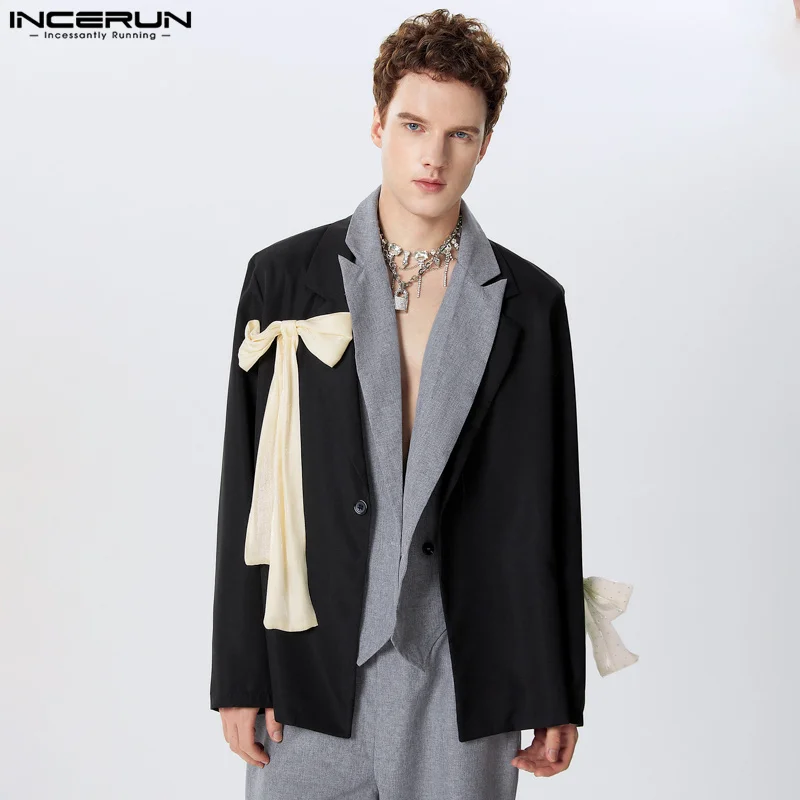 INCERUN Tops 2024 American Style New Men's Bow Contrast Color Suit Coats Casual Streetwear Male Solid Long Sleeved Blazer S-5XL