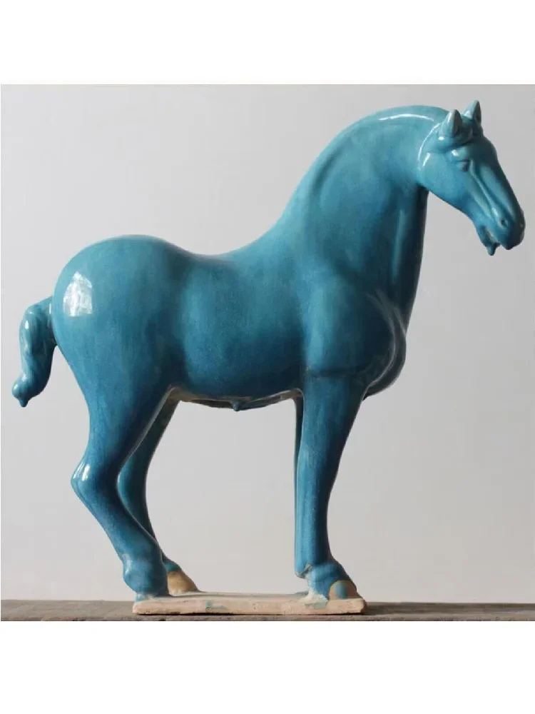 Chinese Tang Dynasty Tri colored Green Glazed War Horse,Craft ornaments,H:26CM