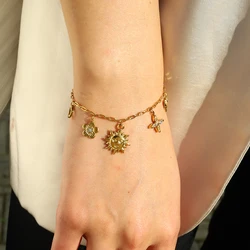 WILD & FREE Stainless Steel Sun Flower Bow Charms Pendant Bracelet for Women Vintage 18K Gold Plated Trendy Jewelry