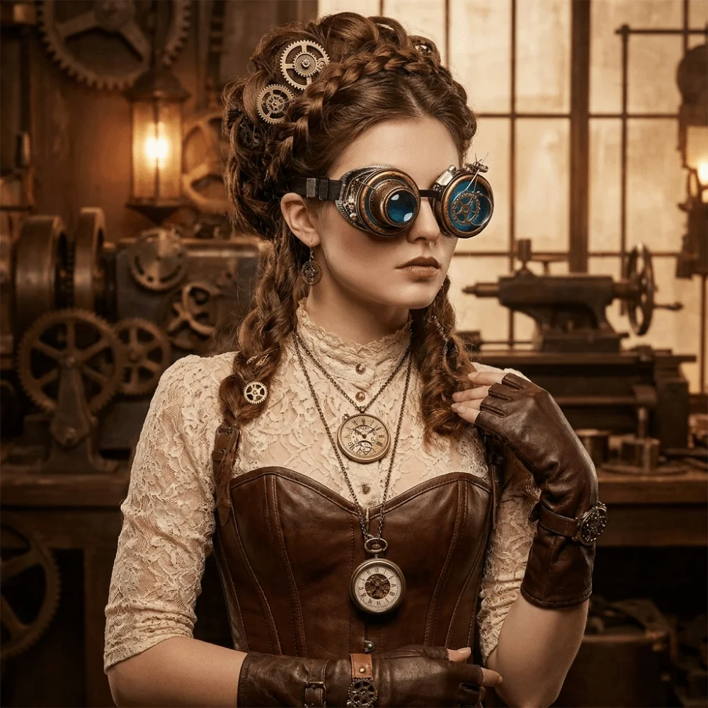 Colored Lenses Steampunk Goggles Side Magnifier Detachable Lens Cosplay Glasses Distressed Frame Exquisite Protective Eyewear