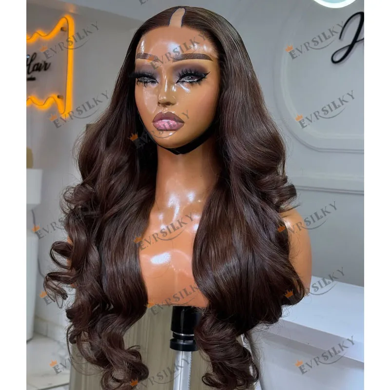 

Body Wave Chocolate Brown Remy Human Hair 1x4 Middle U Part Wigs for Black Women High Density Long Adjustable Middle V Part Wigs